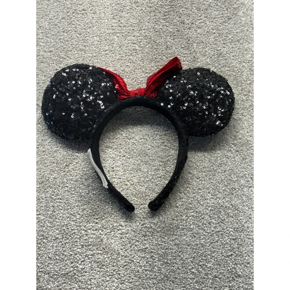 Disney Parks Minnie Mouse Sequin Ears Headband Red Bow Black Sparkle Accessory